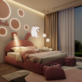 Full Size Upholstered Platform Bed with Cartoon Ears Shaped Headboard and Light