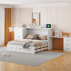 Queen Size Murphy Bed with USB Port, Large Drawer, and Wardrobe/Desk Combo