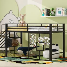 Twin Size Metal Low Loft Bed Frame With Storage Staircase And Iron Mesh