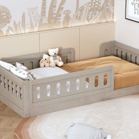 Wood Twin Size Upholstered Platform Bed with Guardrail 29 Wood Twin Size Upholstered Platform Bed with Guardrail