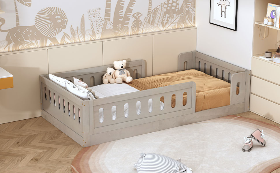 Wood Twin Size Upholstered Platform Bed with Guardrail 11 Wood Twin Size Upholstered Platform Bed with Guardrail