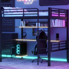 Full Size Metal Loft Bed Frame with Storage Shelf and LED Light