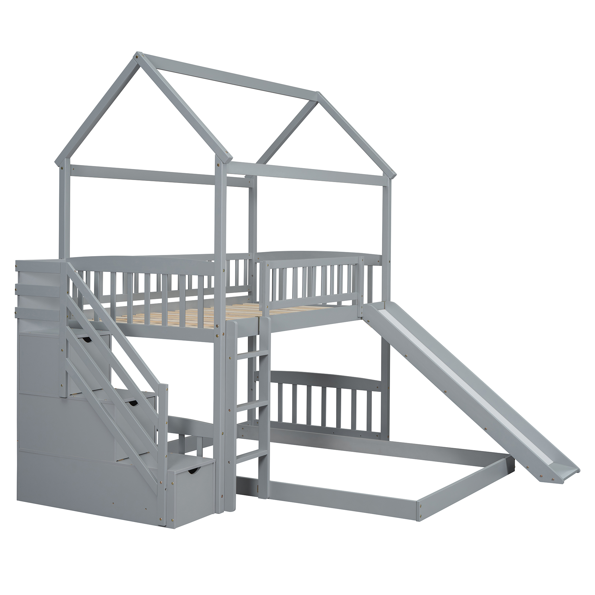 House Shape Twin Over Twin Bunk Bed With Two Drawers, Staircase And Slide 6 House Shape Twin Over Twin Bunk Bed With Two Drawers, Staircase And Slide