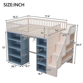 Full Size Loft Bed with 2 Four-layer Storage Cabinets and Curtain