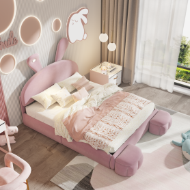 Full Size Upholstered Platform Bed with Cartoon Ears Shaped Headboard and Light