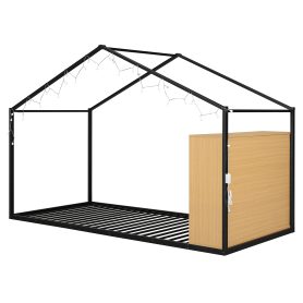 Metal Twin Size House Bed Frame with Shelves and Lights