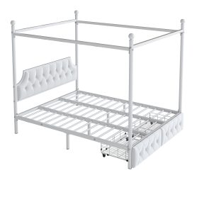 Queen Size Metal Canopy Platform Bed with Upholstered Headboard and Two Storage Drawers