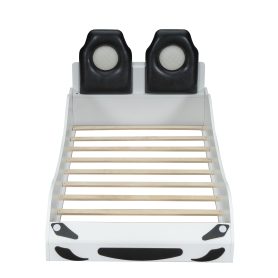 Wood Twin Size Race Car-Shaped Platform Bed with LED and Upholstered Backrest