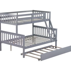 Detachable Full Over Full Rubber Wood Bunk Bed With Trundle, Ladder And Guardrails