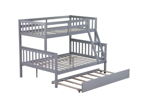 Detachable Full Over Full Rubber Wood Bunk Bed With Trundle, Ladder And Guardrails