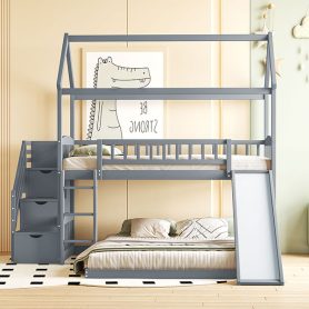 House Shape Twin Over Twin Bunk Bed With Two Drawers, Staircase And Slide 51 House Shape Twin Over Twin Bunk Bed With Two Drawers, Staircase And Slide