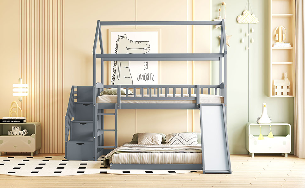 House Shape Twin Over Twin Bunk Bed With Two Drawers, Staircase And Slide 26 House Shape Twin Over Twin Bunk Bed With Two Drawers, Staircase And Slide