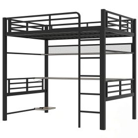 Full Size Metal Loft Bed Frame with Storage Shelf and LED Light