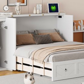 Queen Size Murphy Bed with USB Port, Large Drawer, and Wardrobe/Desk Combo