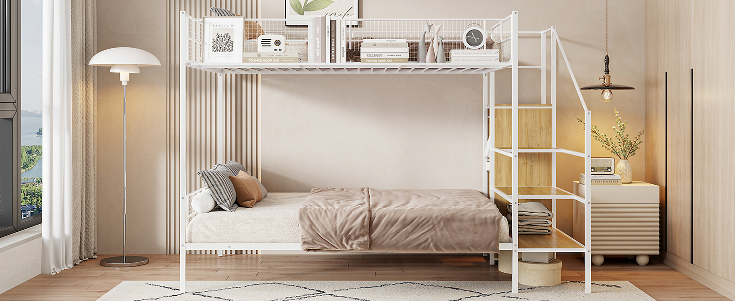 Twin Over Full Metal Bunk Bed with Wire Shelving and Lateral Storage Ladder and Wardrobe 15 Twin Over Full Metal Bunk Bed with Wire Shelving and Lateral Storage Ladder and Wardrobe