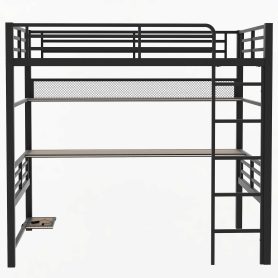 Full Size Metal Loft Bed Frame with Storage Shelf and LED Light
