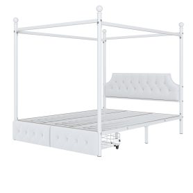 Queen Size Metal Canopy Platform Bed with Upholstered Headboard and Two Storage Drawers