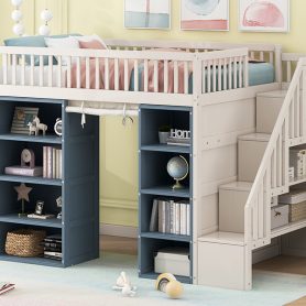 Full Size Loft Bed with 2 Four-layer Storage Cabinets and Curtain