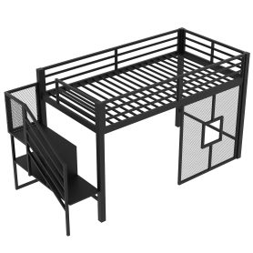 Twin Size Metal Low Loft Bed Frame With Storage Staircase And Iron Mesh