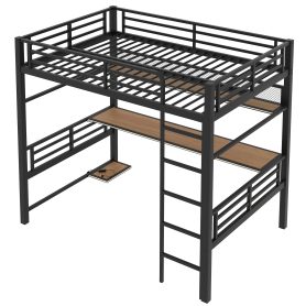 Full Size Metal Loft Bed Frame with Storage Shelf and LED Light