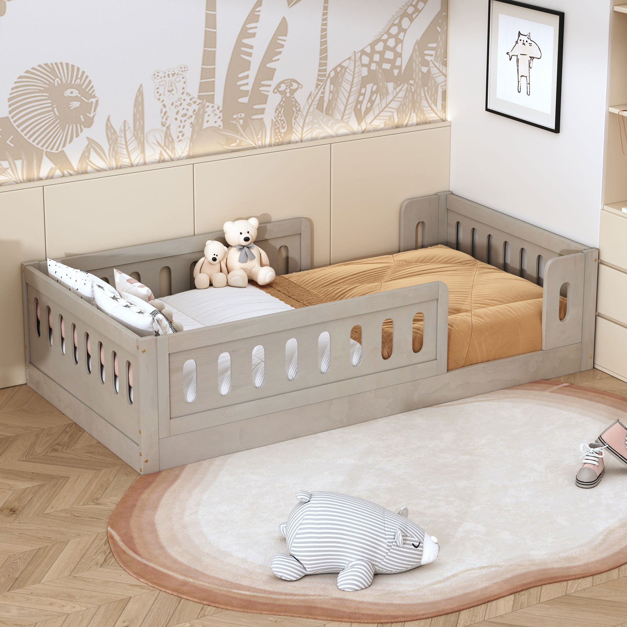 Wood Twin Size Upholstered Platform Bed with Guardrail 4 Wood Twin Size Upholstered Platform Bed with Guardrail