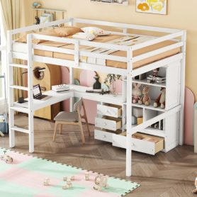 Full Size High Loft Bed with Desk, Storage Shelves and Drawers, Built-in Ladder 53 Full Size High Loft Bed with Desk, Storage Shelves and Drawers, Built-in Ladder