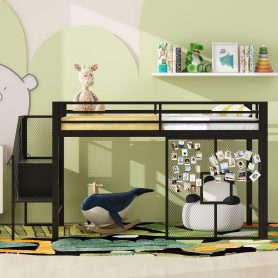 Twin Size Metal Low Loft Bed Frame With Storage Staircase And Iron Mesh