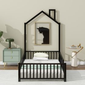 Twin Size Metal House Platform Bed with Guardrail and Chimney