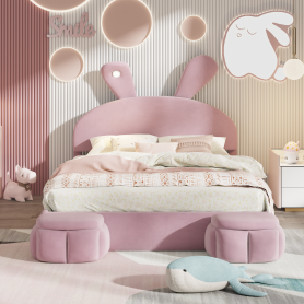 Full Size Upholstered Platform Bed with Cartoon Ears Shaped Headboard and Light