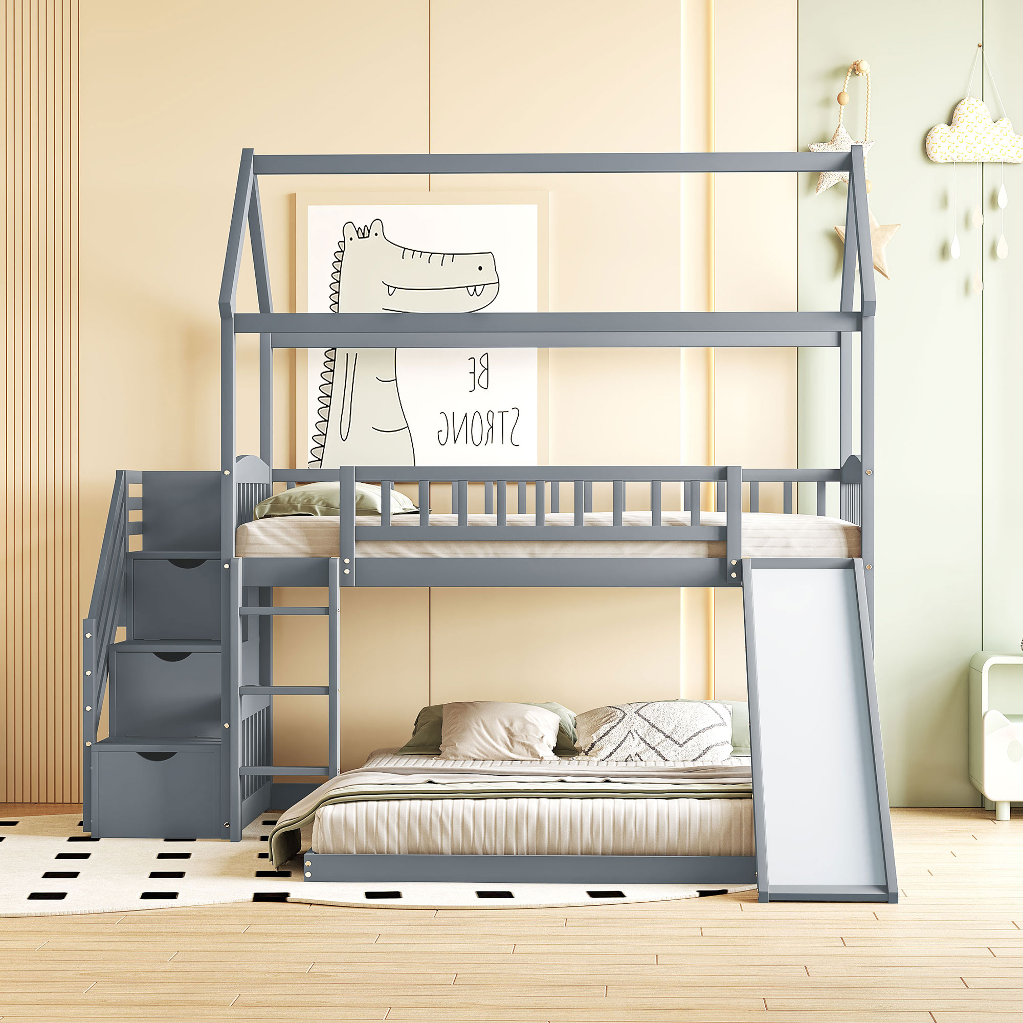 House Shape Twin Over Twin Bunk Bed With Two Drawers, Staircase And Slide 4 House Shape Twin Over Twin Bunk Bed With Two Drawers, Staircase And Slide