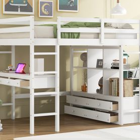Full Size Loft Bed with Built-in Desk with Two Drawers and Storage Shelves 30 Full Size Loft Bed with Built-in Desk with Two Drawers and Storage Shelves
