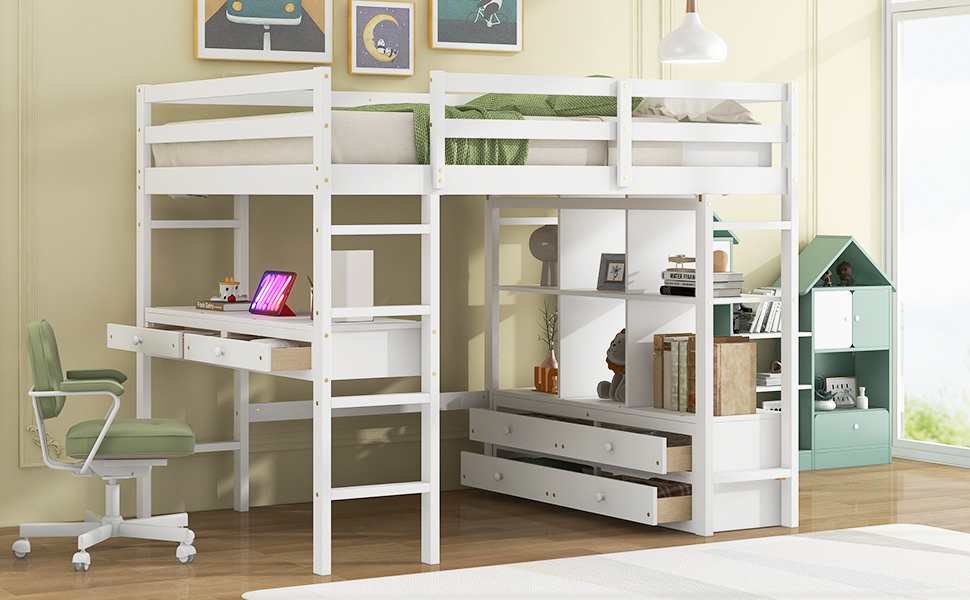 Full Size Loft Bed with Built-in Desk with Two Drawers and Storage Shelves 7 Full Size Loft Bed with Built-in Desk with Two Drawers and Storage Shelves