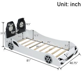 Wood Twin Size Race Car-Shaped Platform Bed with LED and Upholstered Backrest