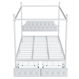 Queen Size Metal Canopy Platform Bed with Upholstered Headboard and Two Storage Drawers