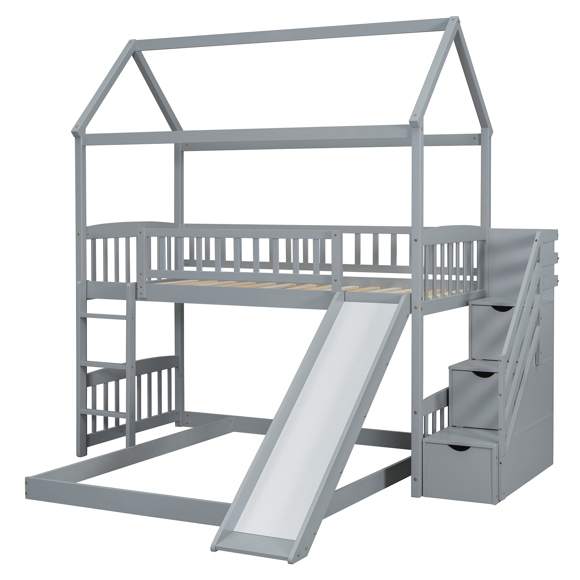 House Shape Twin Over Twin Bunk Bed With Two Drawers, Staircase And Slide 10 House Shape Twin Over Twin Bunk Bed With Two Drawers, Staircase And Slide