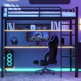 Full Size Metal Loft Bed Frame with Storage Shelf and LED Light