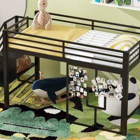 Twin Size Metal Low Loft Bed Frame With Storage Staircase And Iron Mesh