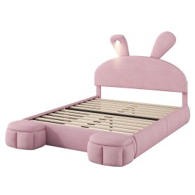 Full Size Upholstered Platform Bed with Cartoon Ears Shaped Headboard and Light