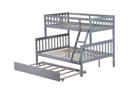 Detachable Full Over Full Rubber Wood Bunk Bed With Trundle, Ladder And Guardrails