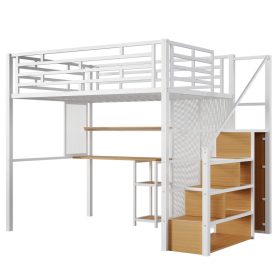 Full Size Metal Loft Bed with Wardrobe, Desk and Storage Shelves