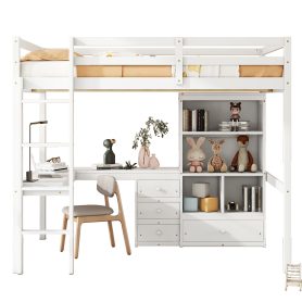 Full Size High Loft Bed with Desk, Storage Shelves and Drawers, Built-in Ladder 59 Full Size High Loft Bed with Desk, Storage Shelves and Drawers, Built-in Ladder