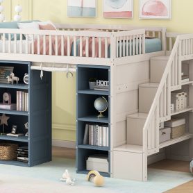 Full Size Loft Bed with 2 Four-layer Storage Cabinets and Curtain