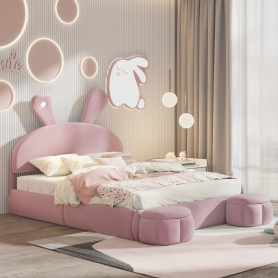 Full Size Upholstered Platform Bed with Cartoon Ears Shaped Headboard and Light