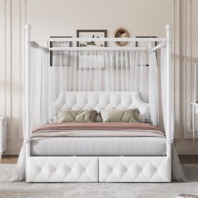 Queen Size Metal Canopy Platform Bed with Upholstered Headboard and Two Storage Drawers