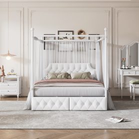 Queen Size Metal Canopy Platform Bed with Upholstered Headboard and Two Storage Drawers
