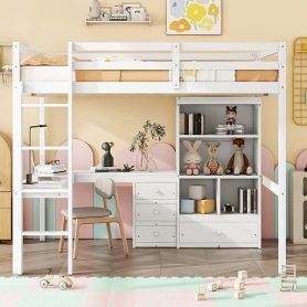 Full Size High Loft Bed with Desk, Storage Shelves and Drawers, Built-in Ladder 55 Full Size High Loft Bed with Desk, Storage Shelves and Drawers, Built-in Ladder