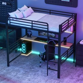 Full Size Metal Loft Bed Frame with Storage Shelf and LED Light