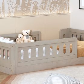 Wood Twin Size Upholstered Platform Bed with Guardrail 30 Wood Twin Size Upholstered Platform Bed with Guardrail