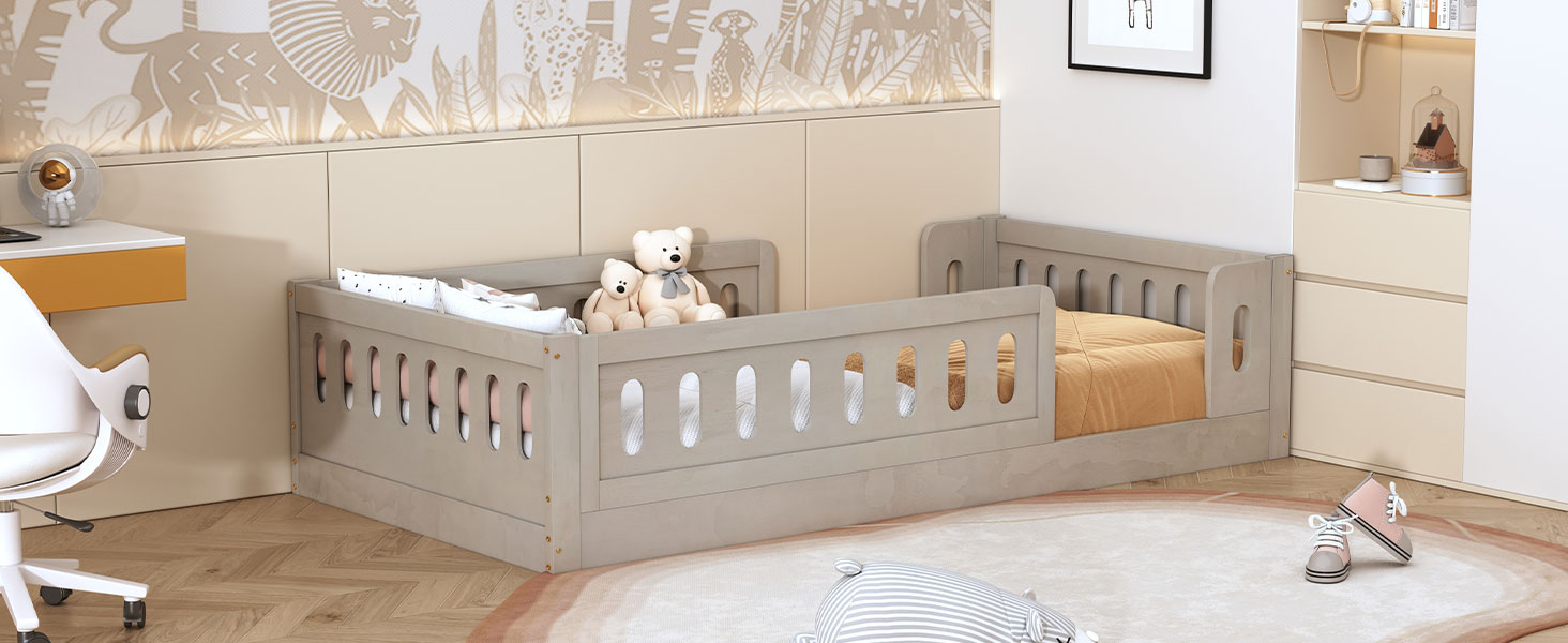 Wood Twin Size Upholstered Platform Bed with Guardrail 12 Wood Twin Size Upholstered Platform Bed with Guardrail