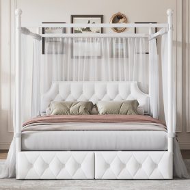 Queen Size Metal Canopy Platform Bed with Upholstered Headboard and Two Storage Drawers